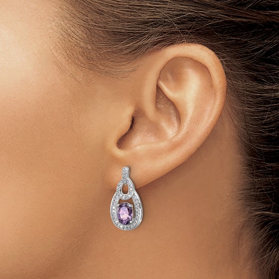 Sterling Silver Rhodium-plated CZ and Purple Zircon Post Dangle