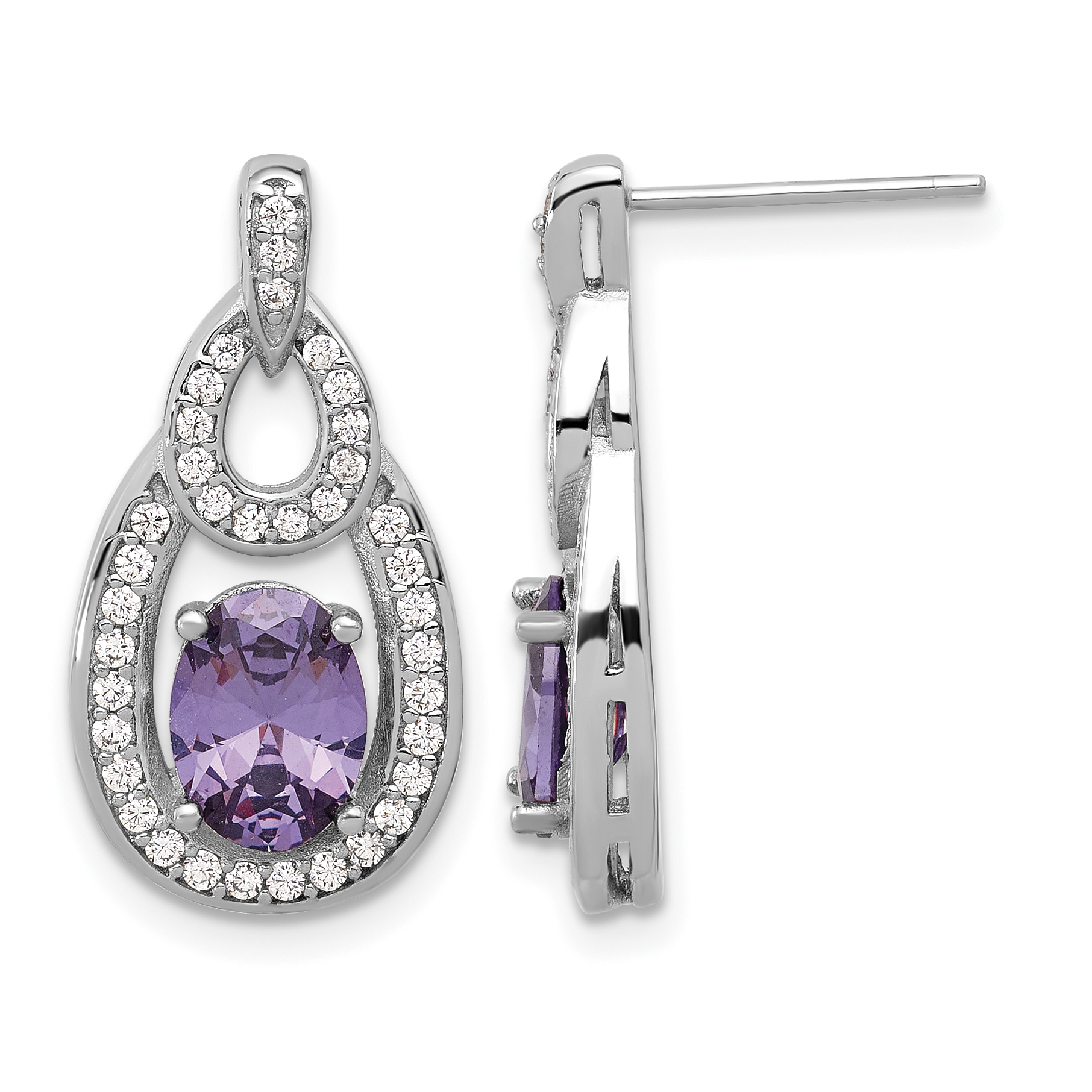 Sterling Silver Rhodium-plated CZ and Purple Zircon Post Dangle (QE17160)