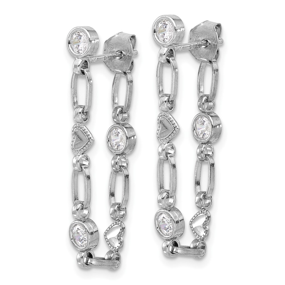 Sterling Silver Rhodium-plated Bezel CZ with Heart Post Dangle Earrings (QE17162)