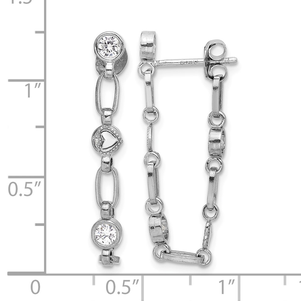 Sterling Silver Rhodium-plated Bezel CZ with Heart Post Dangle Earrings (QE17162)