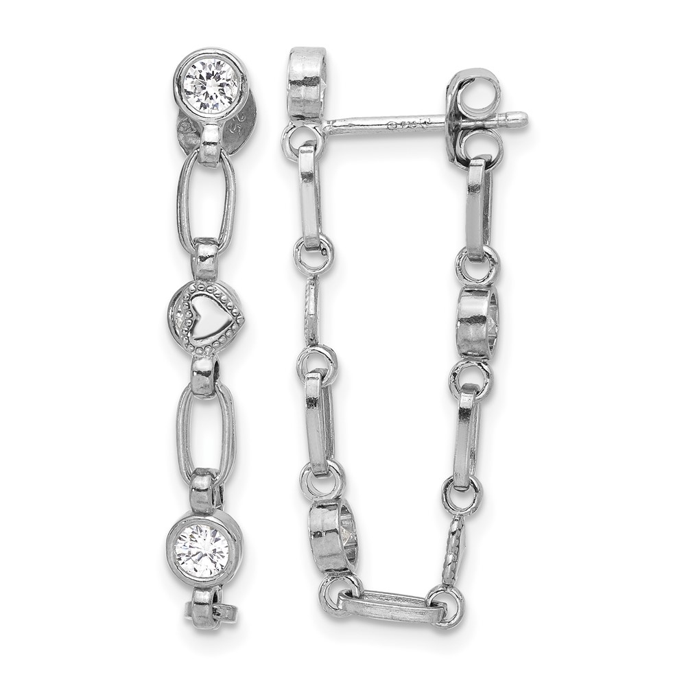 Sterling Silver Rhodium-plated Bezel CZ with Heart Post Dangle Earrings (QE17162)