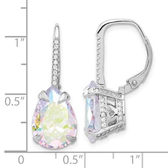 Sterling Silver Rhodium-plated Pear Iridescent CZ Leverback Earrings