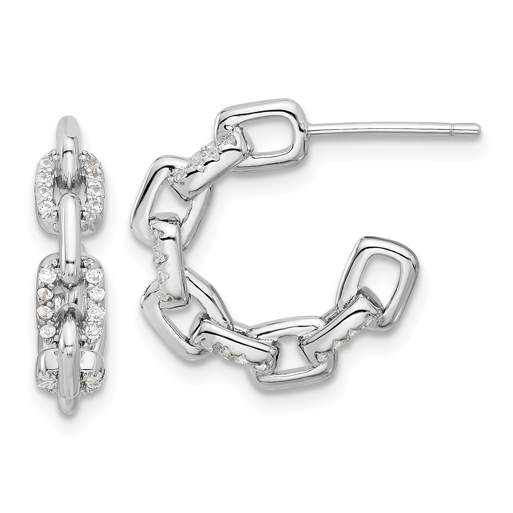 Sterling Silver Rhodium-plated with CZ Link Design Post Hoop Earrings (QE17166)