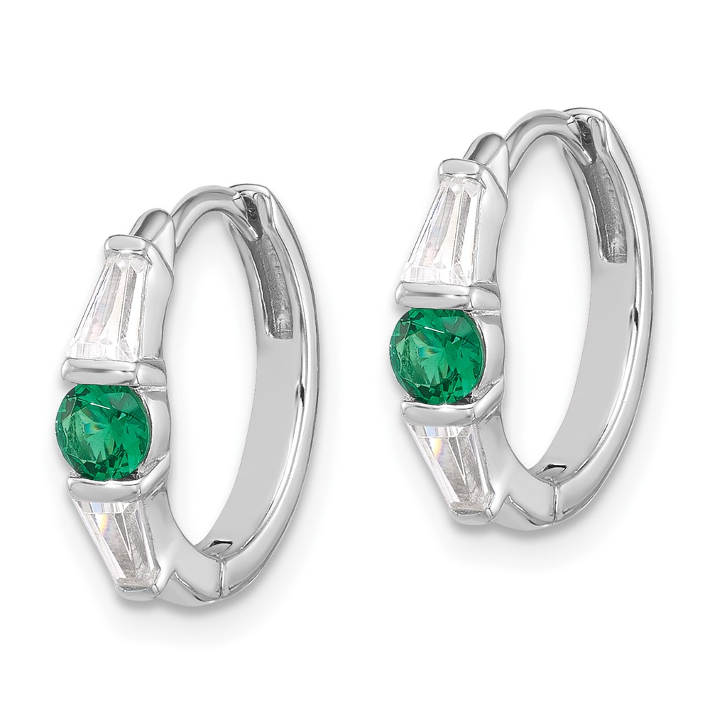 Sterling Silver Rhodium-plated Green/White CZ Hinged Hoop Earrings (QE17177)