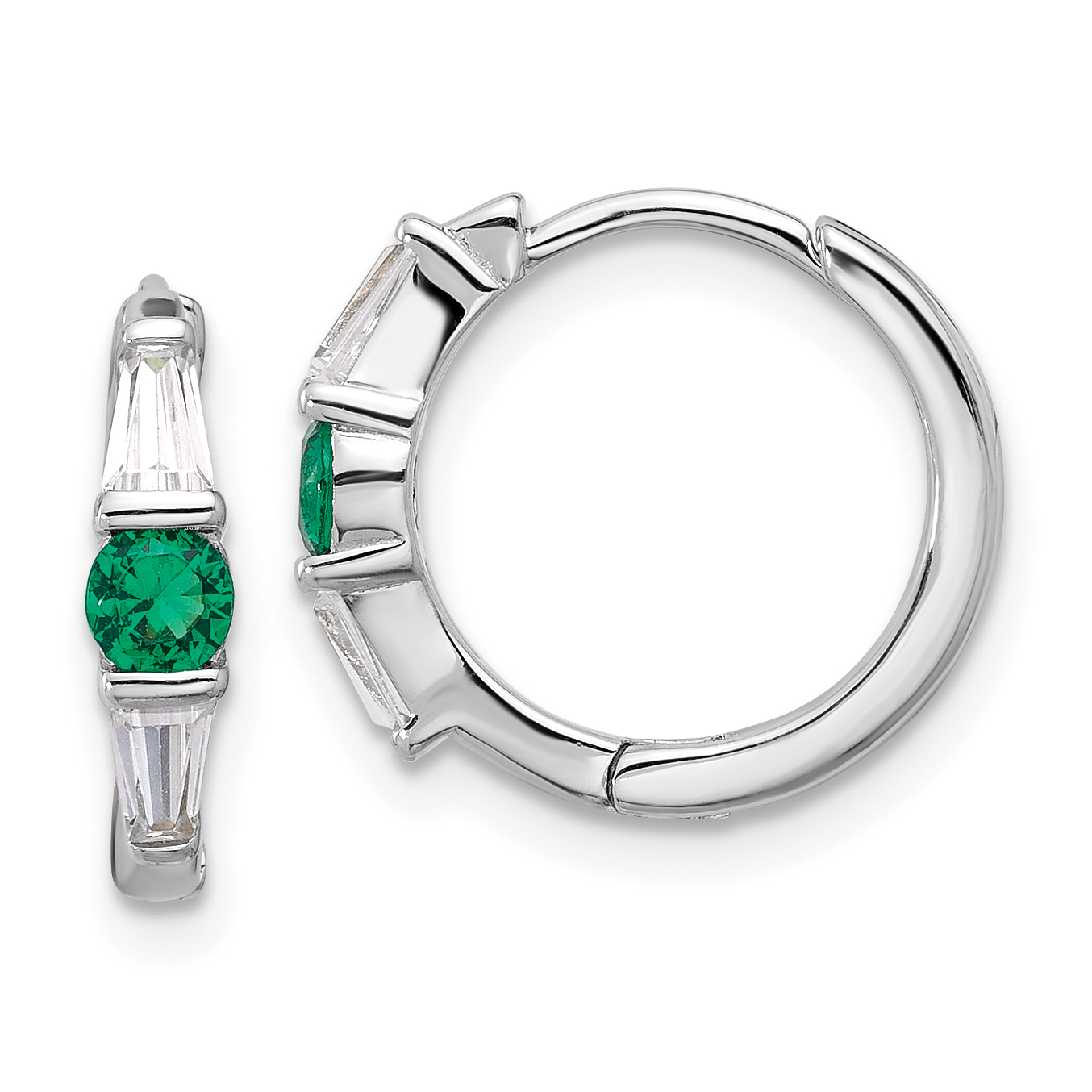 Sterling Silver Rhodium-plated Green/White CZ Hinged Hoop Earrings (QE17177)