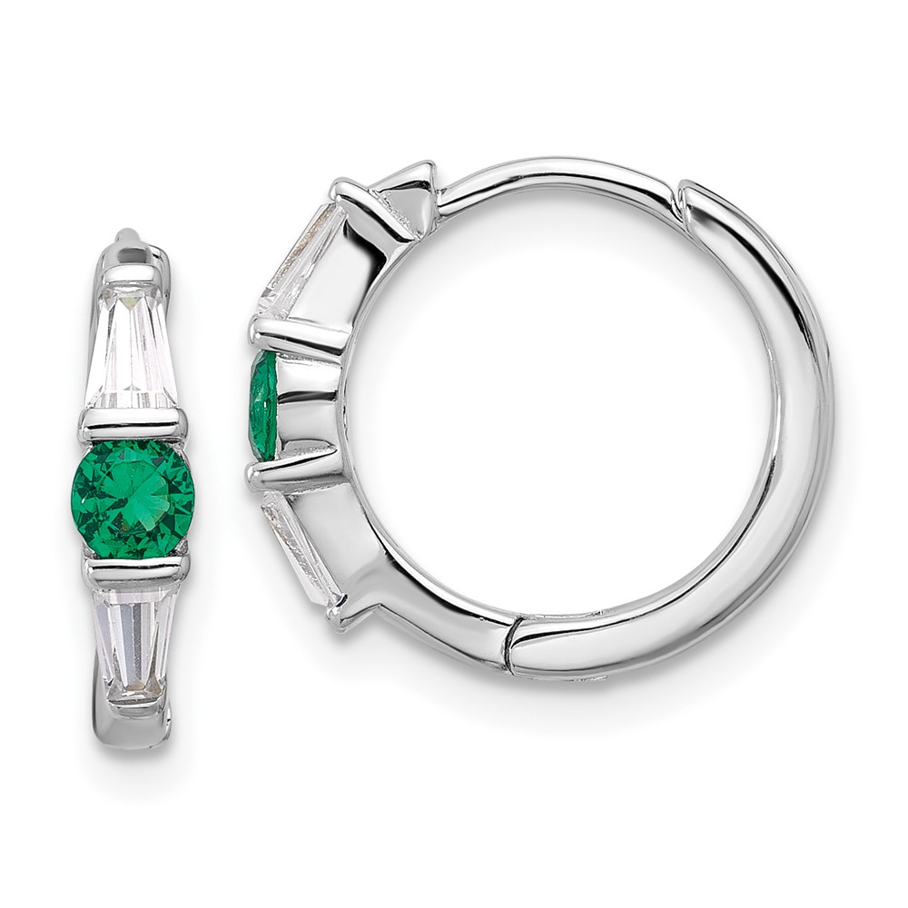 Sterling Silver Rhodium-plated Green/White CZ Hinged Hoop Earrings (QE17177)