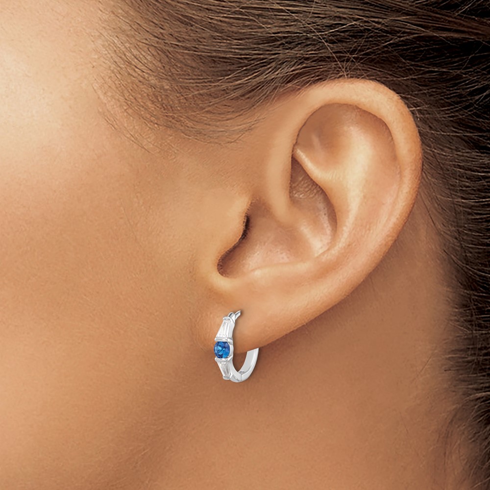 Sterling Silver Rhodium-plated Blue Spinel and CZ Hinged Hoop Earrings (QE17179)