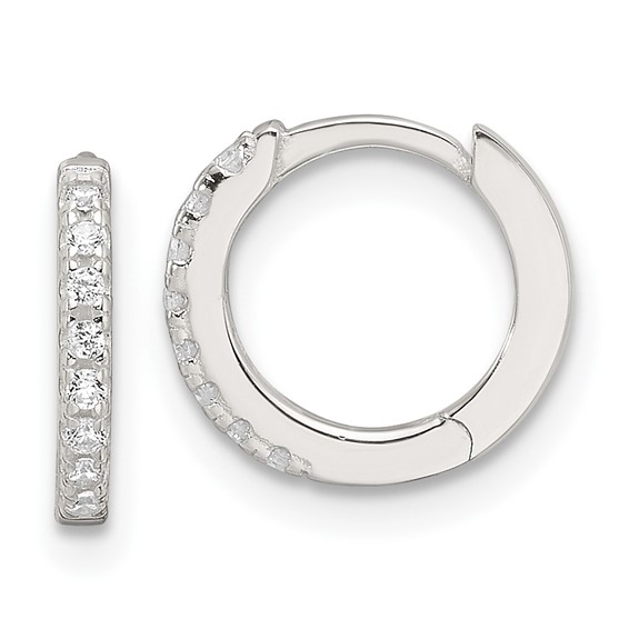 Sterling Silver E-Coating Polished CZ Hinged Hoop Earrings