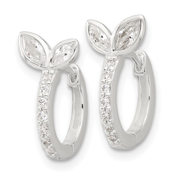 Sterling Silver E-coated CZ Leaf Hinged Hoop Earrings