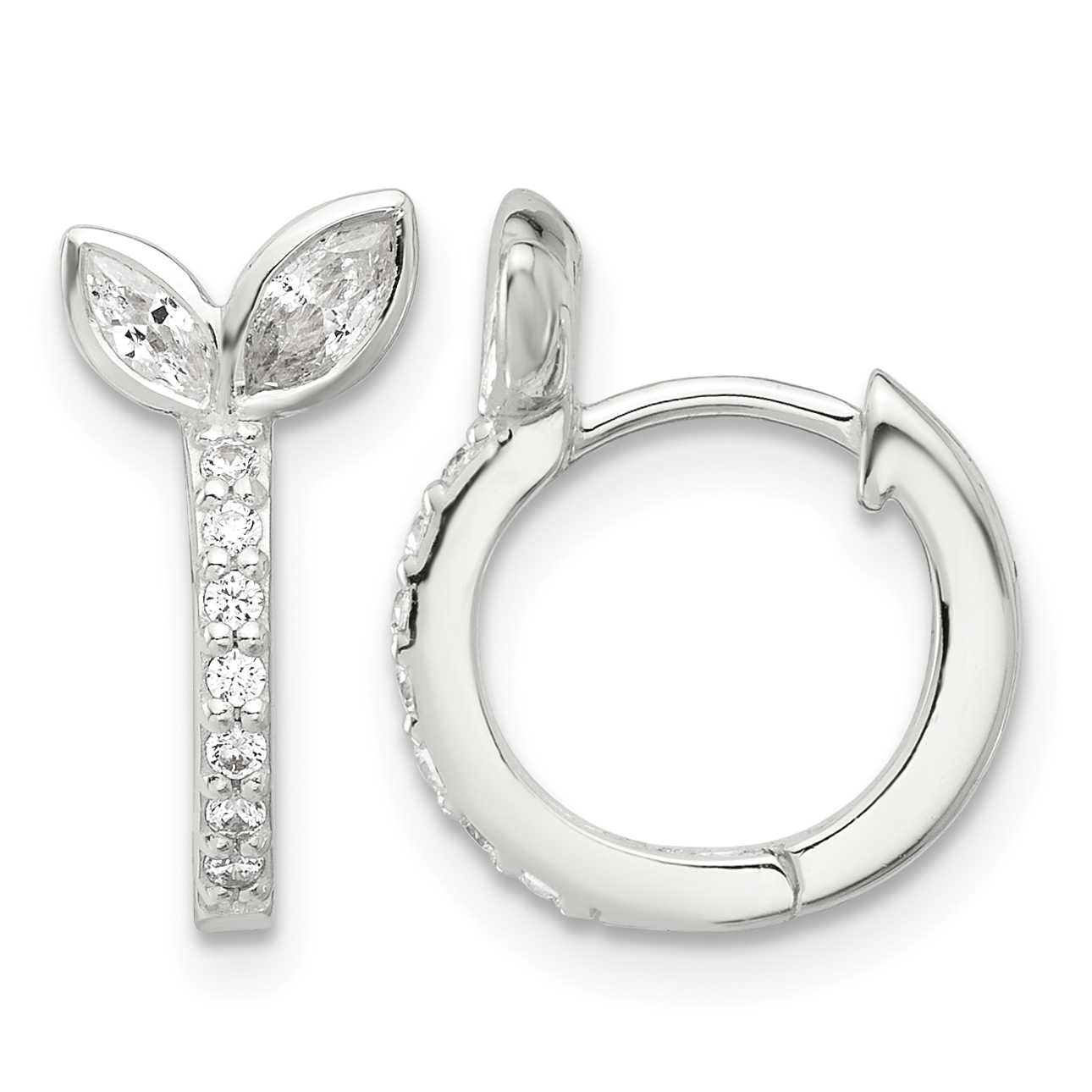 Sterling Silver E-coated CZ Leaf Hinged Hoop Earrings (QE17186)