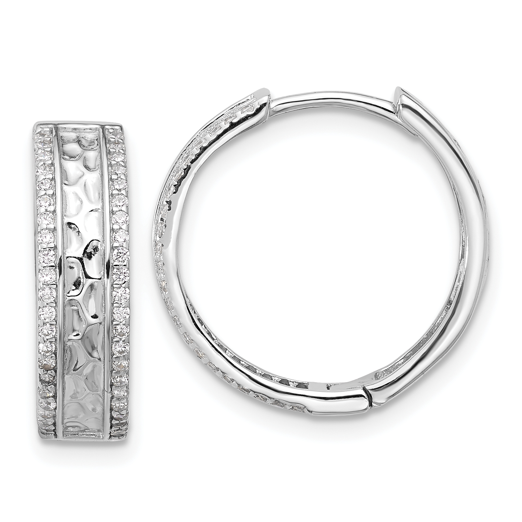 Sterling Silver Rhodium-plated Hammered Center CZ 5.5mm Hoop Earrings (QE17193)