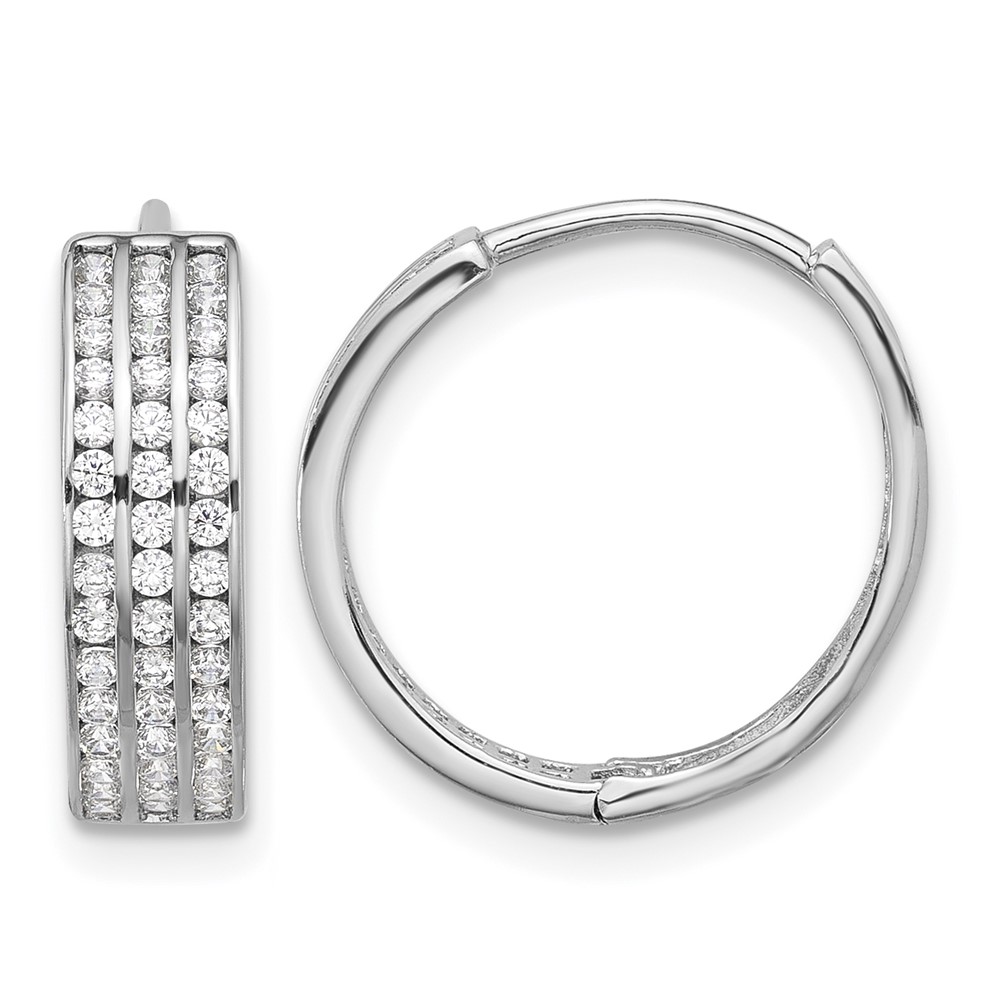 Sterling Silver Rhodium-plated 3 Row CZ Hinged Hoop Earrings (QE17198)