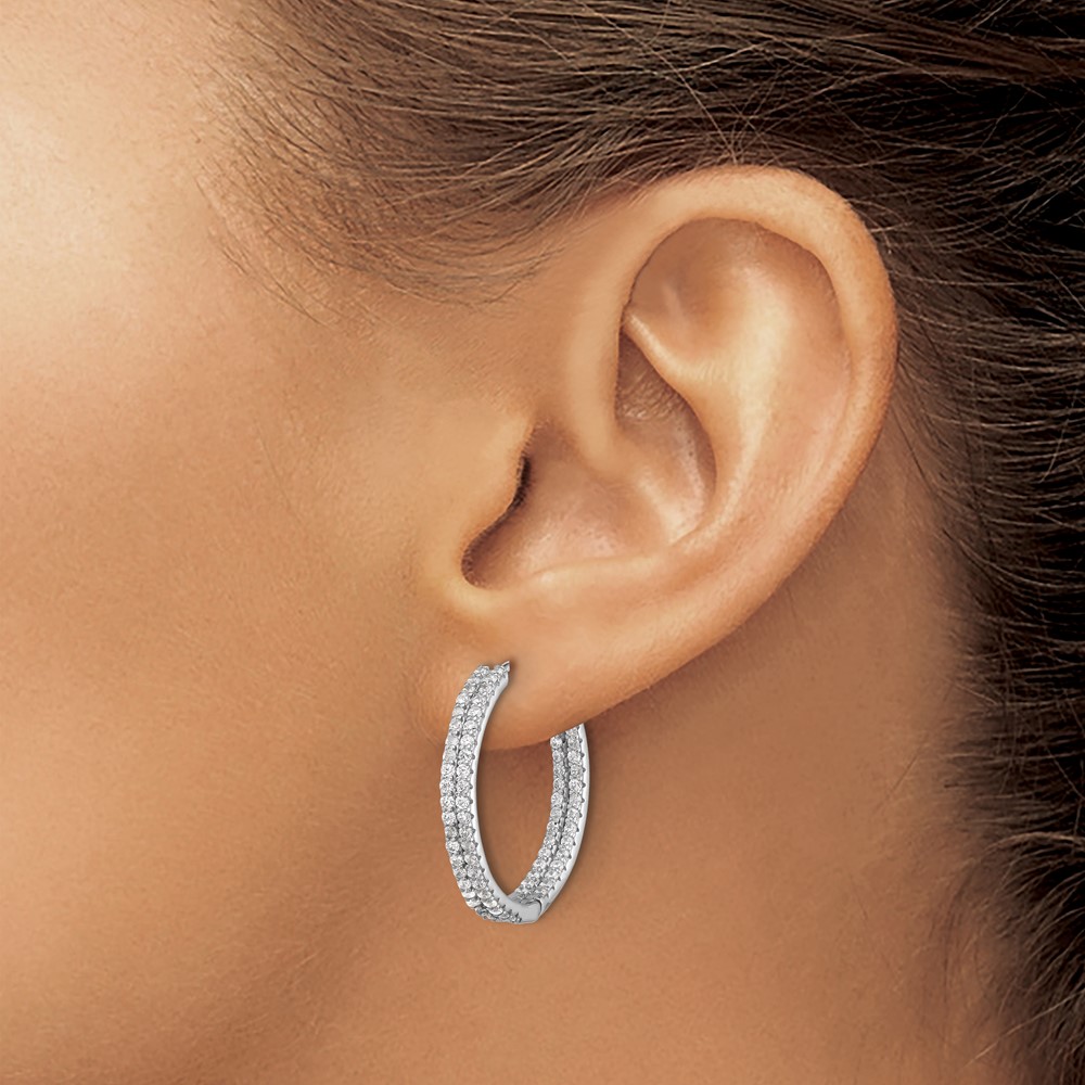 Sterling Silver Rhodium-plated Double Row CZ In and Out Hoop Earrings (QE17201)