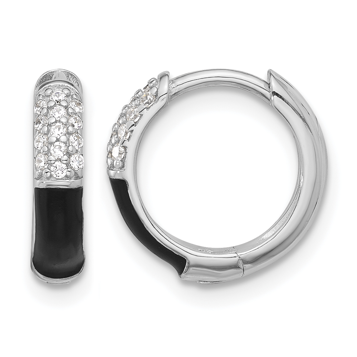 Sterling Silver Flash Platinum-plated CZ Black Enamel Hoop Earrings (QE17202)