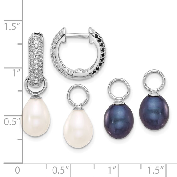 Sterling Silver Rhodium-plated 7-8mm Black and White Rice Freshwater Cultured Pearl and CZ Interchangeable Post Earrings Set