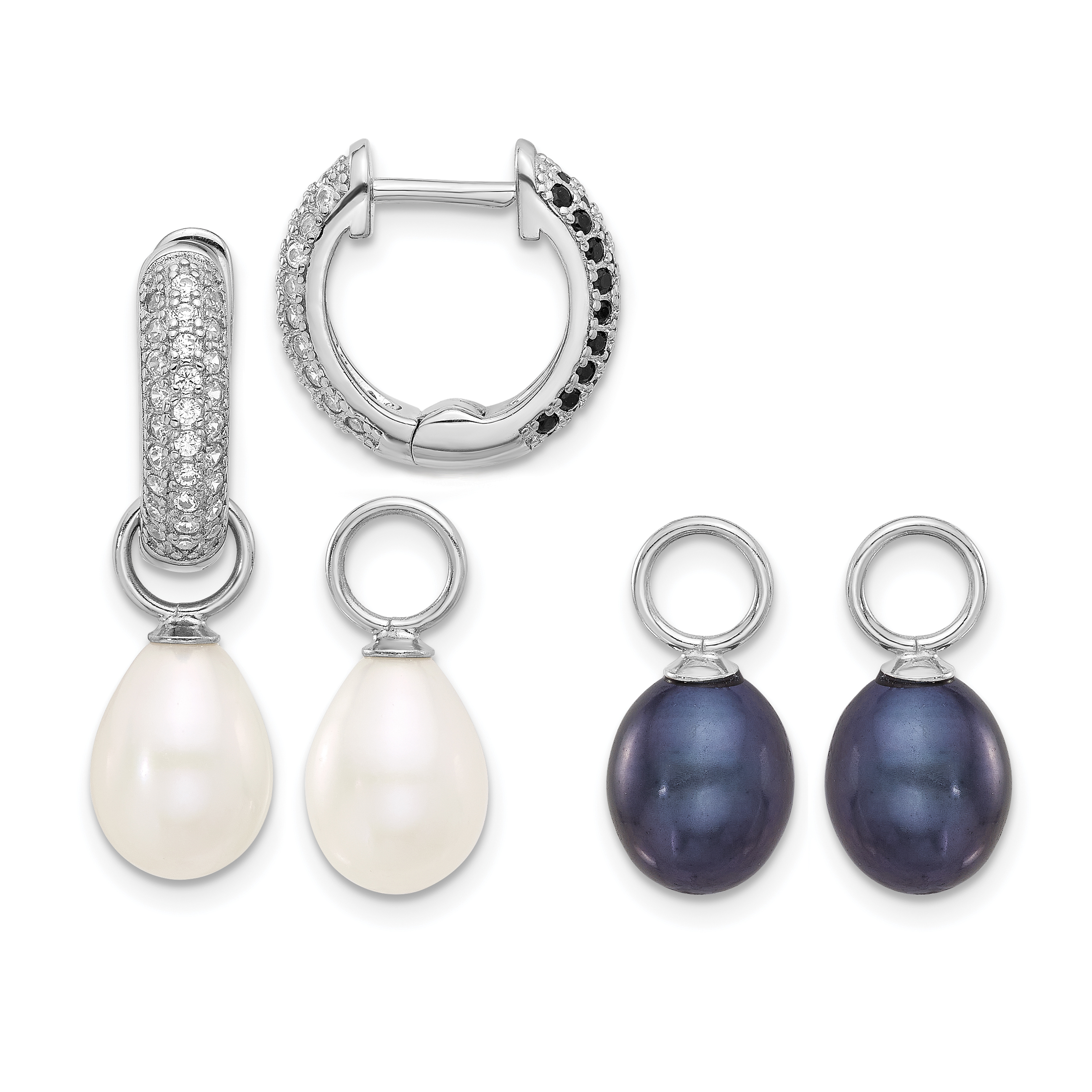 Sterling Silver Rhodium-plated 7-8mm Black and White Rice Freshwater Cultured Pearl and CZ Interchangeable Post Earrings Set (QE17207SET)