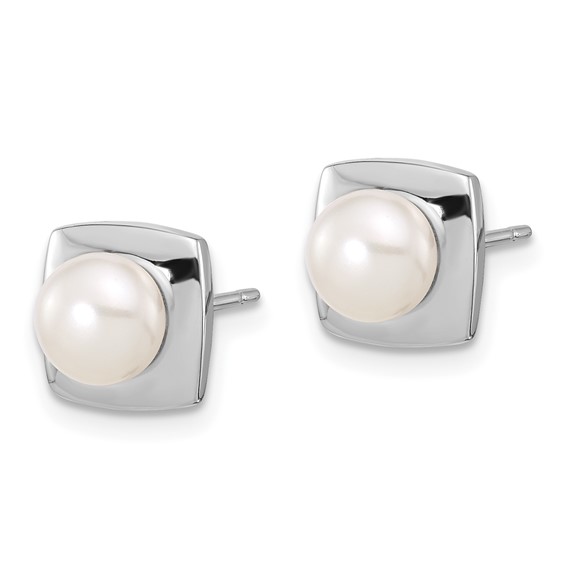 Sterling Silver Rhodium-plated 6-7mm White Button Freshwater Cultured Pearl Square Post Earrings