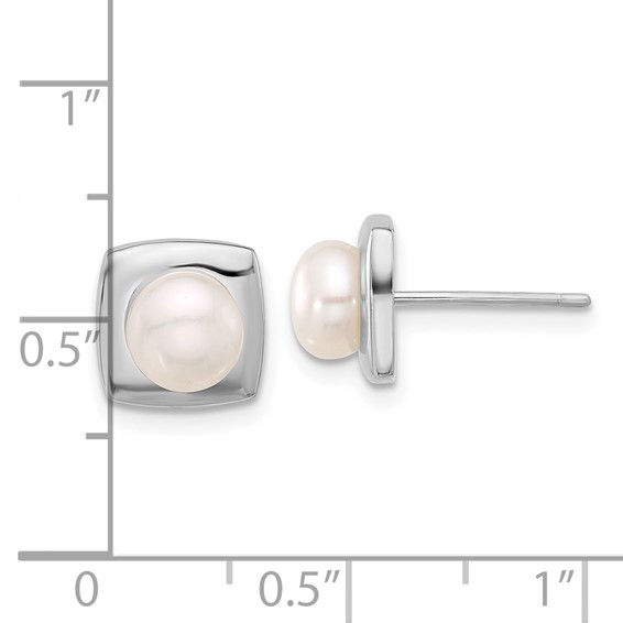 Sterling Silver Rhodium-plated 6-7mm White Button Freshwater Cultured Pearl Square Post Earrings