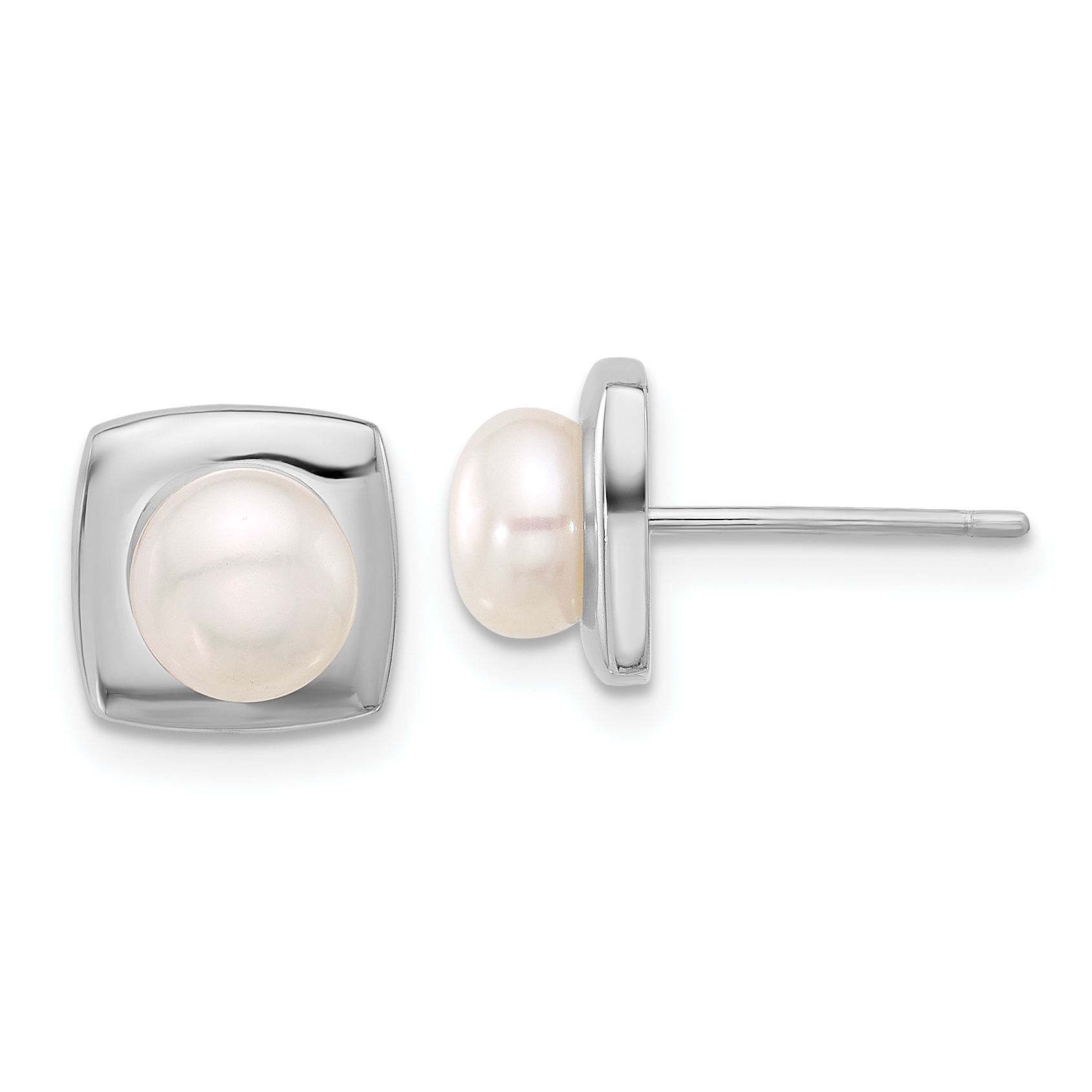 Sterling Silver Rhodium-plated 6-7mm White Button Freshwater Cultured Pearl Square Post Earrings (QE17211)