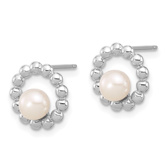 Sterling Silver Rhodium-plated 5-6mm White Button Freshwater Cultured Pearl Circle Post Earrings
