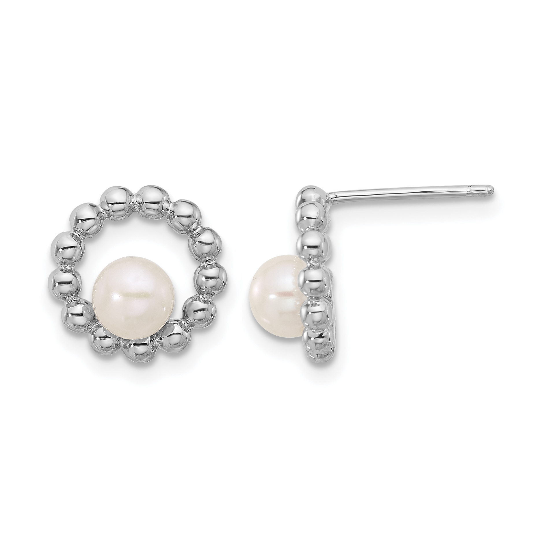 Sterling Silver Rhodium-plated 5-6mm White Button Freshwater Cultured Pearl Circle Post Earrings (QE17212)
