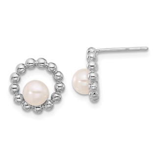 Sterling Silver Rhodium-plated 5-6mm White Button Freshwater Cultured Pearl Circle Post Earrings