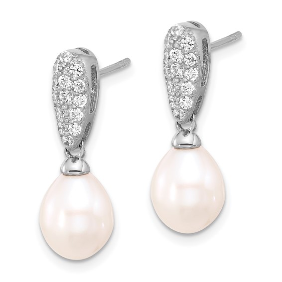 Sterling Silver Rhodium-plated 8-9mm White Teardrop Freshwater Cultured Pearl and CZ Post Dangle Earrings