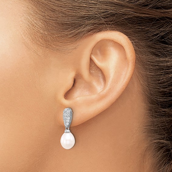 Sterling Silver Rhodium-plated 8-9mm White Teardrop Freshwater Cultured Pearl and CZ Post Dangle Earrings