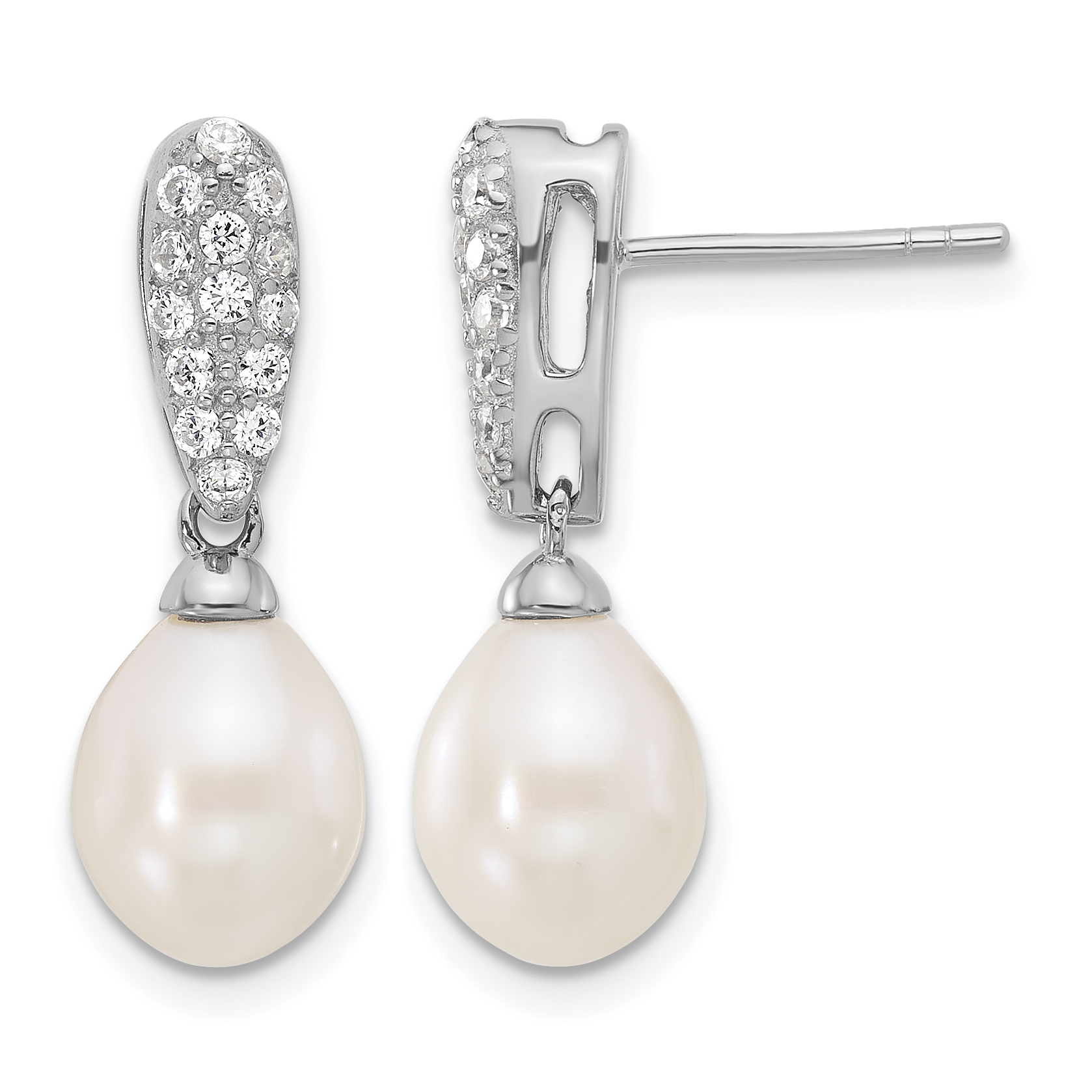 Sterling Silver Rhodium-plated 8-9mm White Teardrop Freshwater Cultured Pearl and CZ Post Dangle Earrings (QE17218)