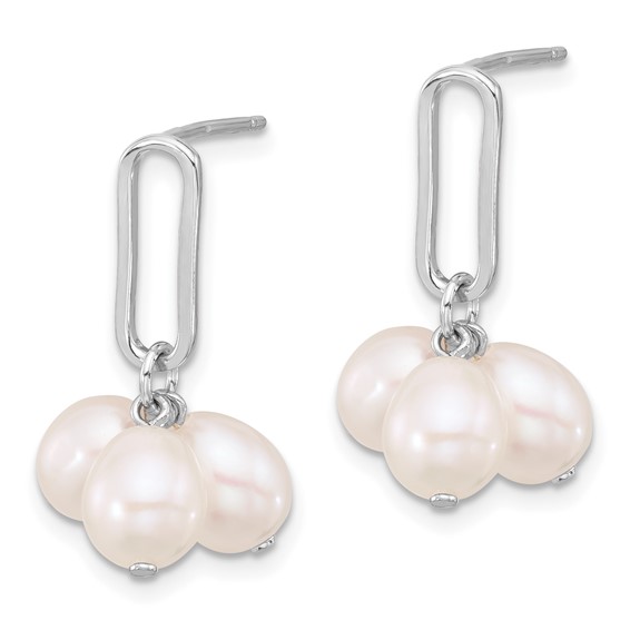 Sterling Silver Rhodium-plated 5-6mm White Rice Freshwater Cultured Pearl Post Dangle Earrings
