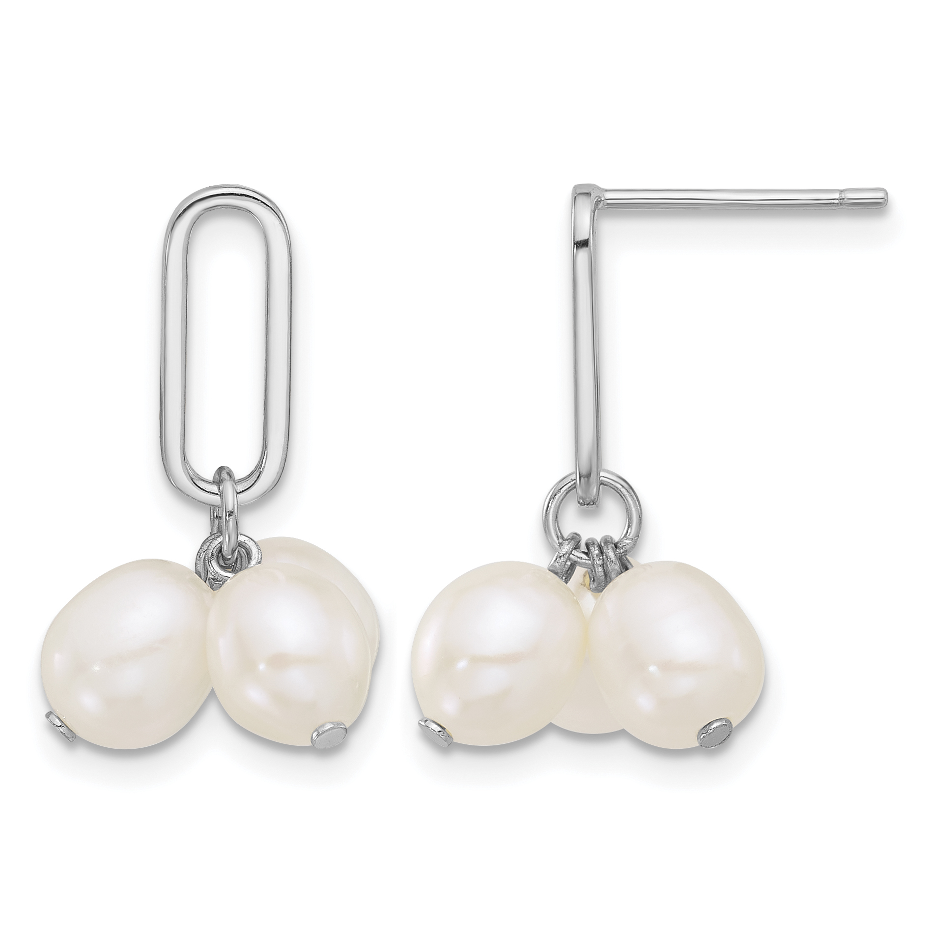 Sterling Silver Rhodium-plated 5-6mm White Rice Freshwater Cultured Pearl Post Dangle Earrings (QE17219)