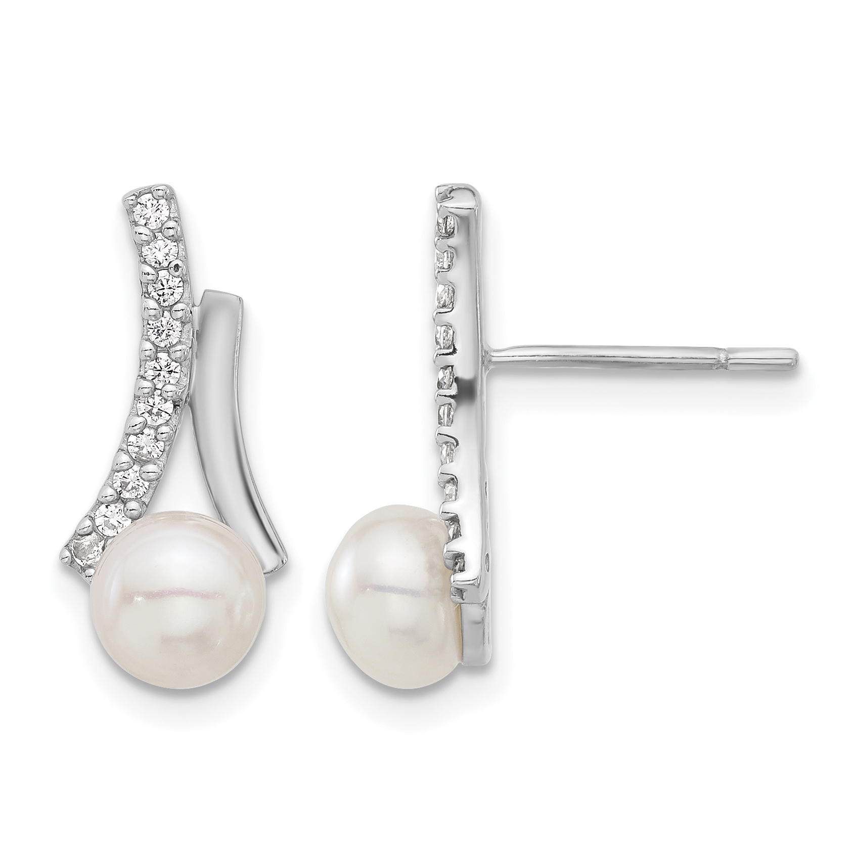 Sterling Silver Rhodium-plated CZ/Button 6mm FWC Pearl Post Earrings (QE17220)
