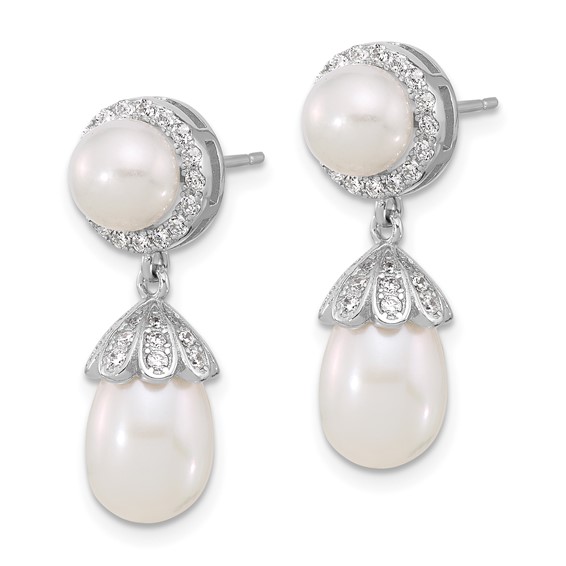Sterling Silver Rhodium-plated 6-8mm White Rice and Button Freshwater Cultured Pearl and CZ Post Dangle Earrings