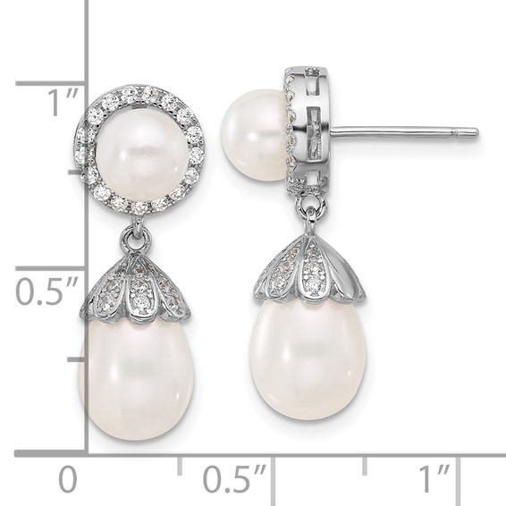 Sterling Silver Rhodium-plated 6-8mm White Rice and Button Freshwater Cultured Pearl and CZ Post Dangle Earrings