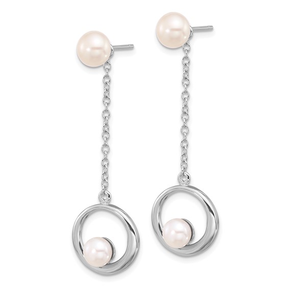 Sterling Silver Rhodium-plated 5-7mm White Button Freshwater Cultured Pearl Post Dangle Earrings