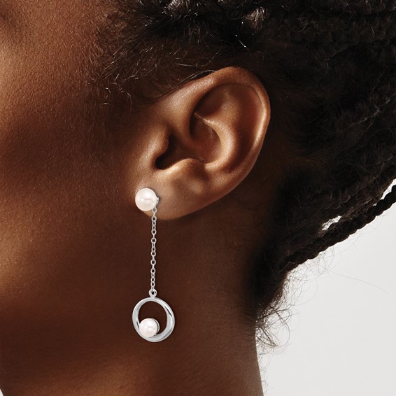 Sterling Silver Rhodium-plated 5-7mm White Button Freshwater Cultured Pearl Post Dangle Earrings