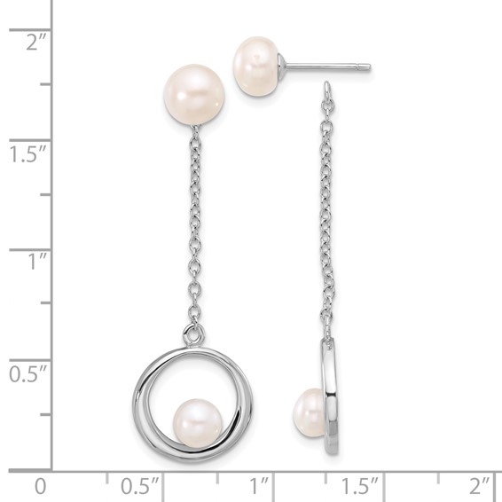 Sterling Silver Rhodium-plated 5-7mm White Button Freshwater Cultured Pearl Post Dangle Earrings