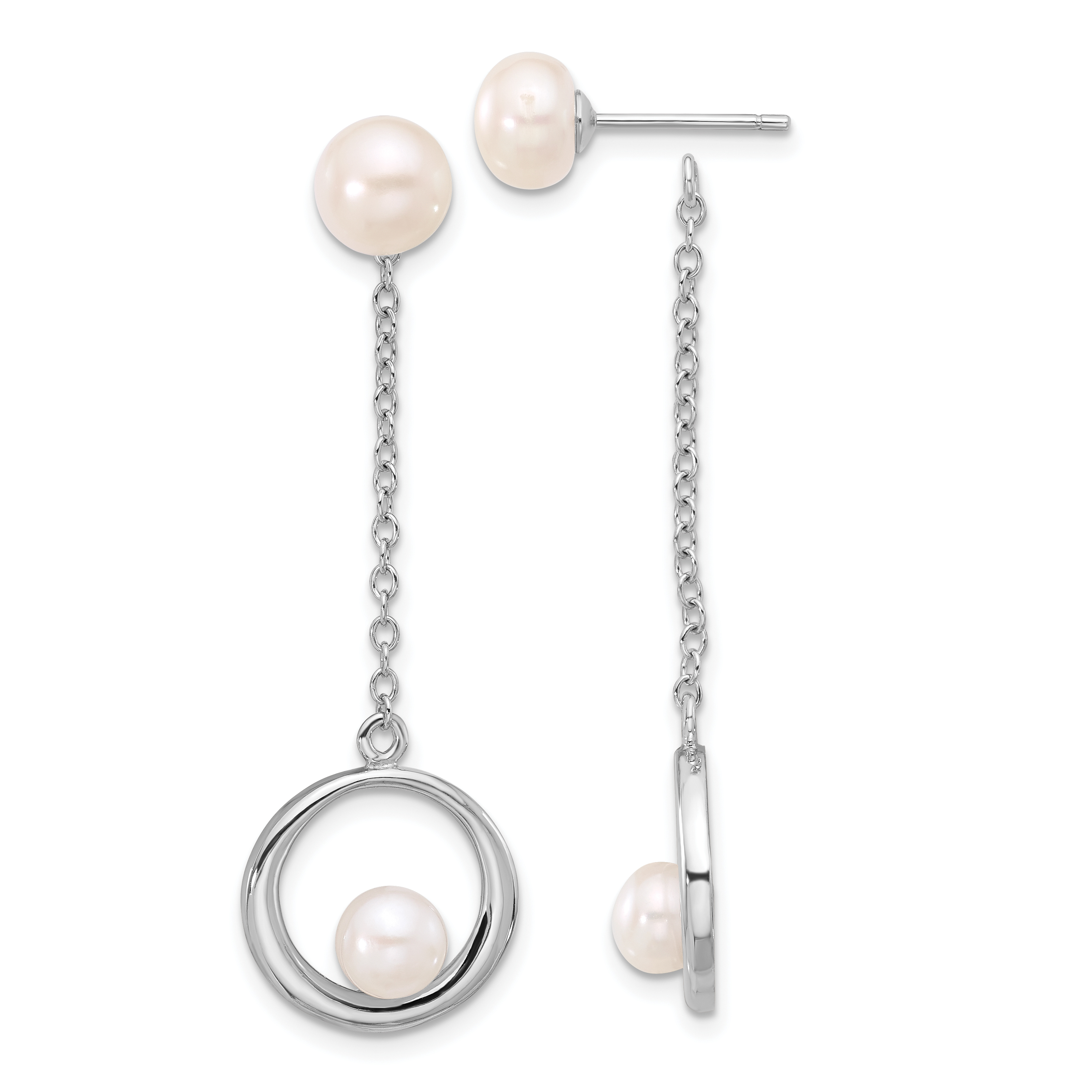 Sterling Silver Rhodium-plated 5-7mm White Button Freshwater Cultured Pearl Post Dangle Earrings (QE17222)