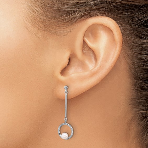 Sterling Silver Rhodium-plated 4-4.5mm White Semi-Round Freshwater Cultured Pearl Post Dangle Earrings
