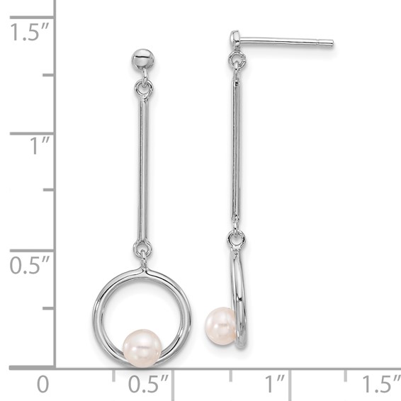 Sterling Silver Rhodium-plated 4-4.5mm White Semi-Round Freshwater Cultured Pearl Post Dangle Earrings