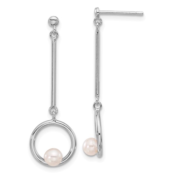 Sterling Silver Rhodium-plated 4-4.5mm White Semi-Round Freshwater Cultured Pearl Post Dangle Earrings