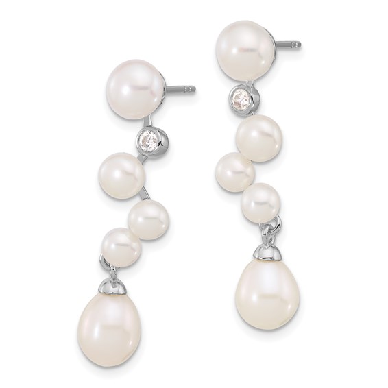 Sterling Silver Rhodium-plated 7-8/4-7mm White Rice and Button Freshwater Cultured Pearl and CZ Post Dangle Earrings