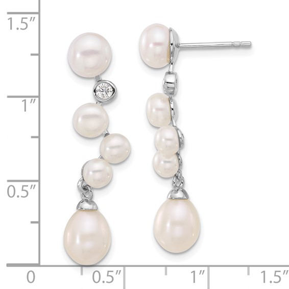 Sterling Silver Rhodium-plated 7-8/4-7mm White Rice and Button Freshwater Cultured Pearl and CZ Post Dangle Earrings