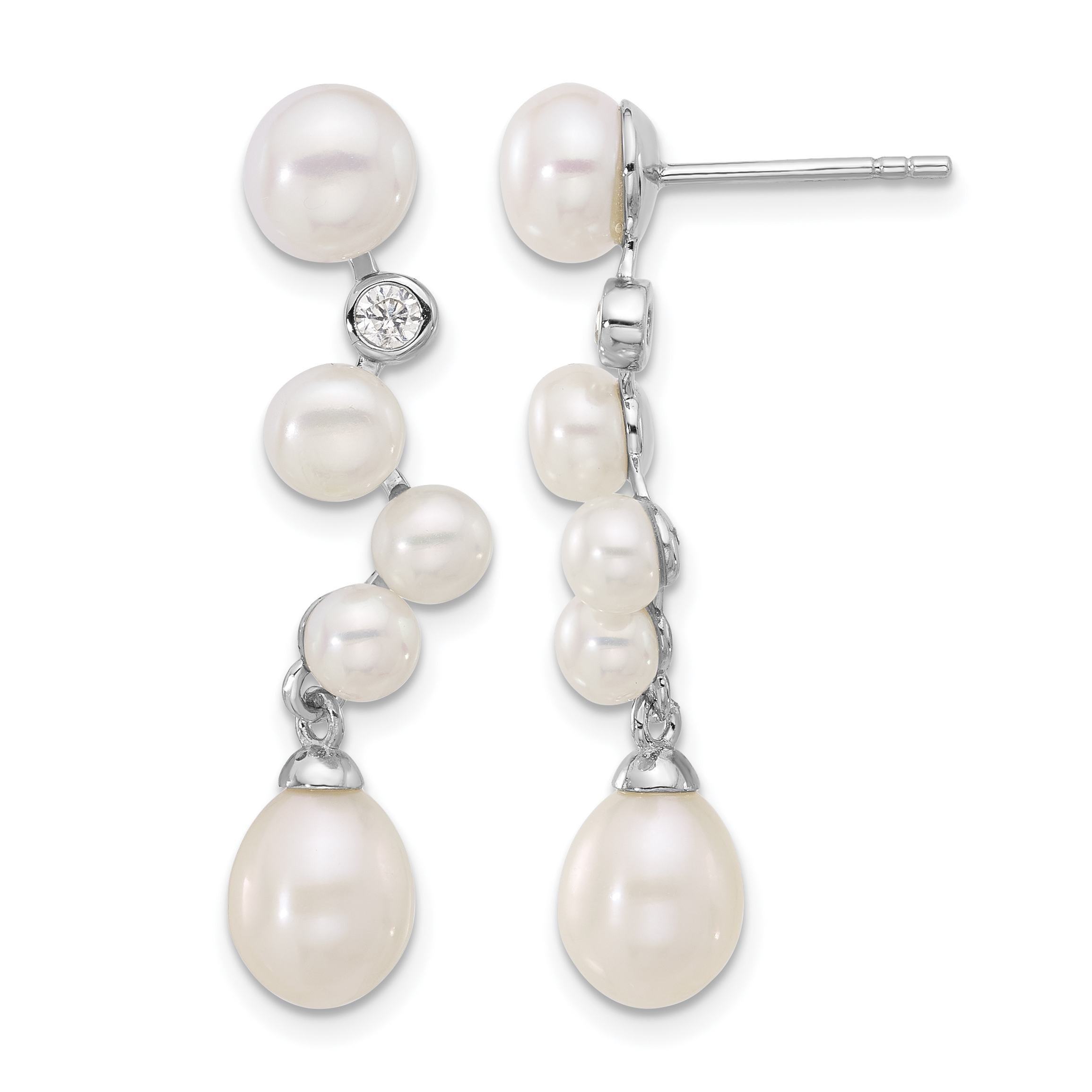 Sterling Silver Rhodium-plated 7-8/4-7mm White Rice and Button Freshwater Cultured Pearl and CZ Post Dangle Earrings (QE17226)