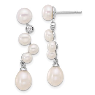 Sterling Silver Rhodium-plated 7-8/4-7mm White Rice and Button Freshwater Cultured Pearl and CZ Post Dangle Earrings