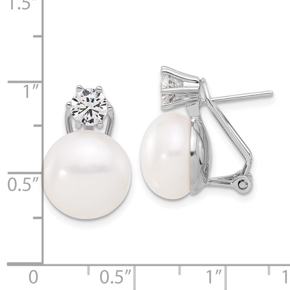 Sterling Silver Rhodium-plated 12-13mm White Freshwater Cultured Pearl and CZ Omega Back Earrings