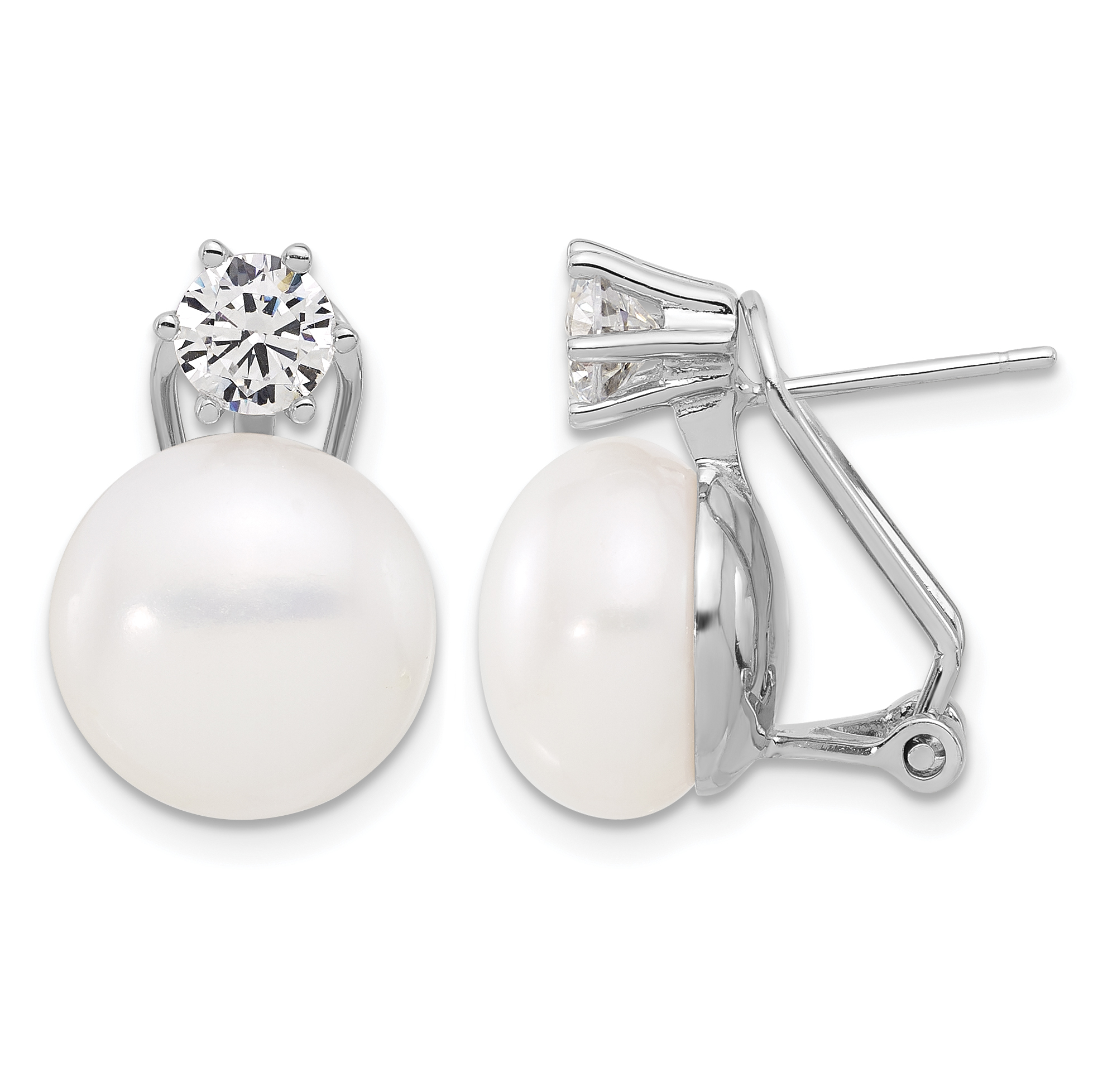 Sterling Silver Rhodium-plated 12-13mm White Freshwater Cultured Pearl and CZ Omega Back Earrings (QE17230)