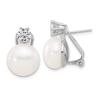 Sterling Silver Rhodium-plated 12-13mm White Freshwater Cultured Pearl and CZ Omega Back Earrings