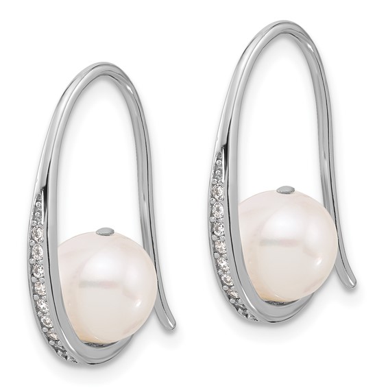 Sterling Silver Rhodium-plated 8-8.5mm White Semi-Round Freshwater Cultured Pearl and CZ Shepherd Hook Earrings