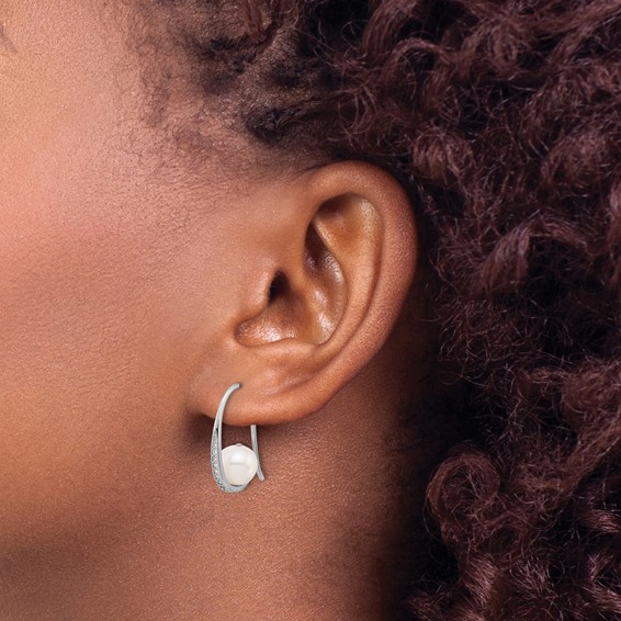 Sterling Silver Rhodium-plated 8-8.5mm White Semi-Round Freshwater Cultured Pearl and CZ Shepherd Hook Earrings